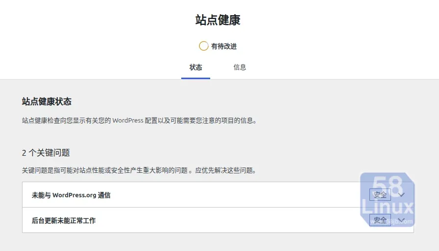 WordPress站点健康检查确认自动更新已关闭