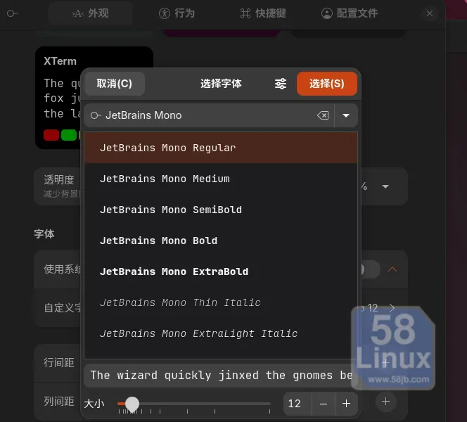 Ptyxis终端修改字体JetBrains Mono
